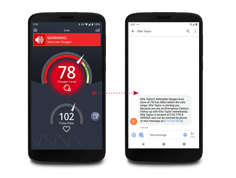 Phone displaying Masimo SafetyNet Alert App Text Notification Screen